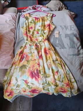 Coldwater Creek Floral Fit-and-Flare Dress in Yellow, Pink, Green